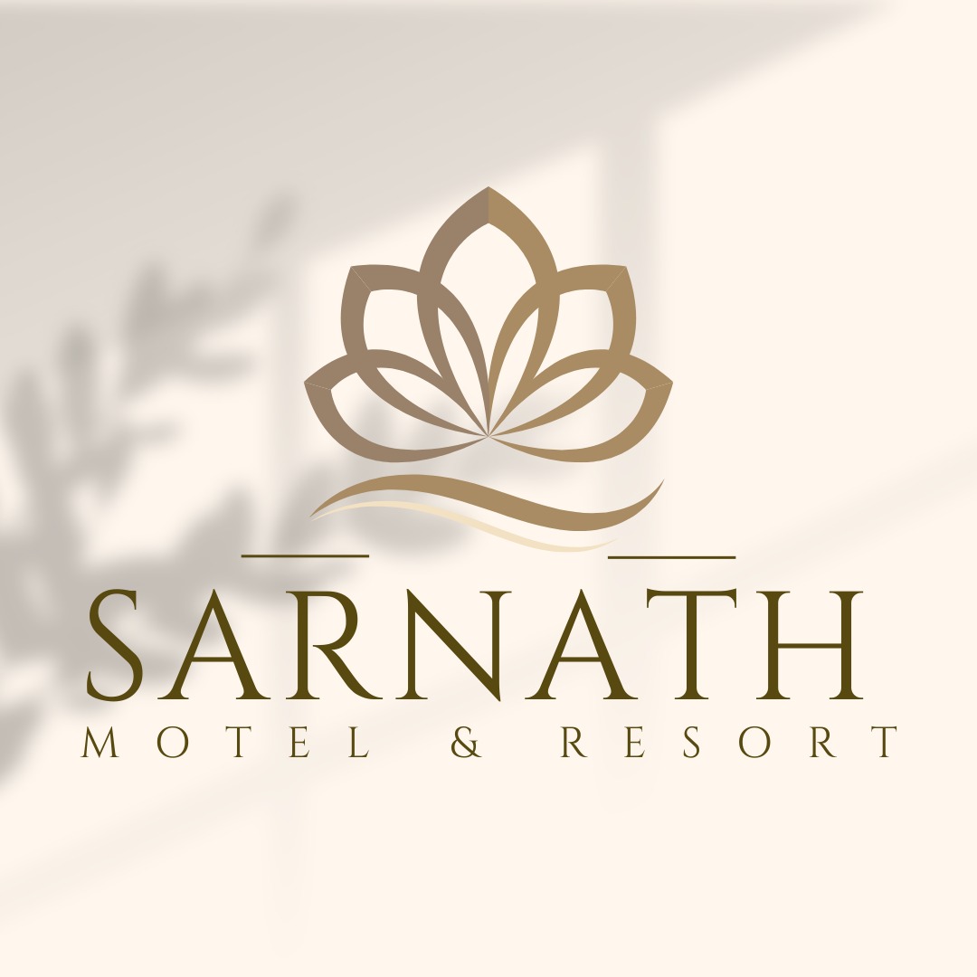 Logo of Sarnath Motel & Resort featuring a golden lotus icon above the text ‘Sarnath Motel & Resort’ in elegant serif font on a light background